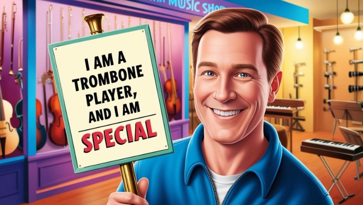 man holding a sign reading I am a trombone player and I am special