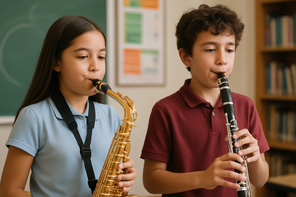 Two Music Students One Playing the saxophone and the other playing the clarinet