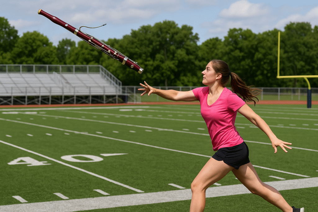 Woman through a bassonn across a football field