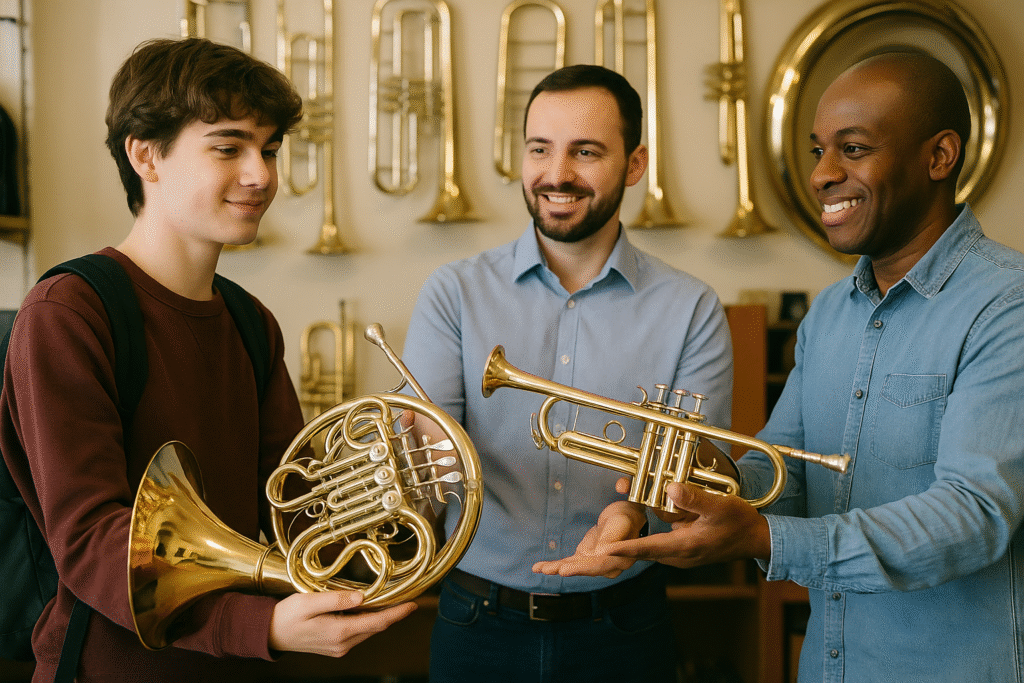 Young Man Trading In His French Horn For A New Trumpet