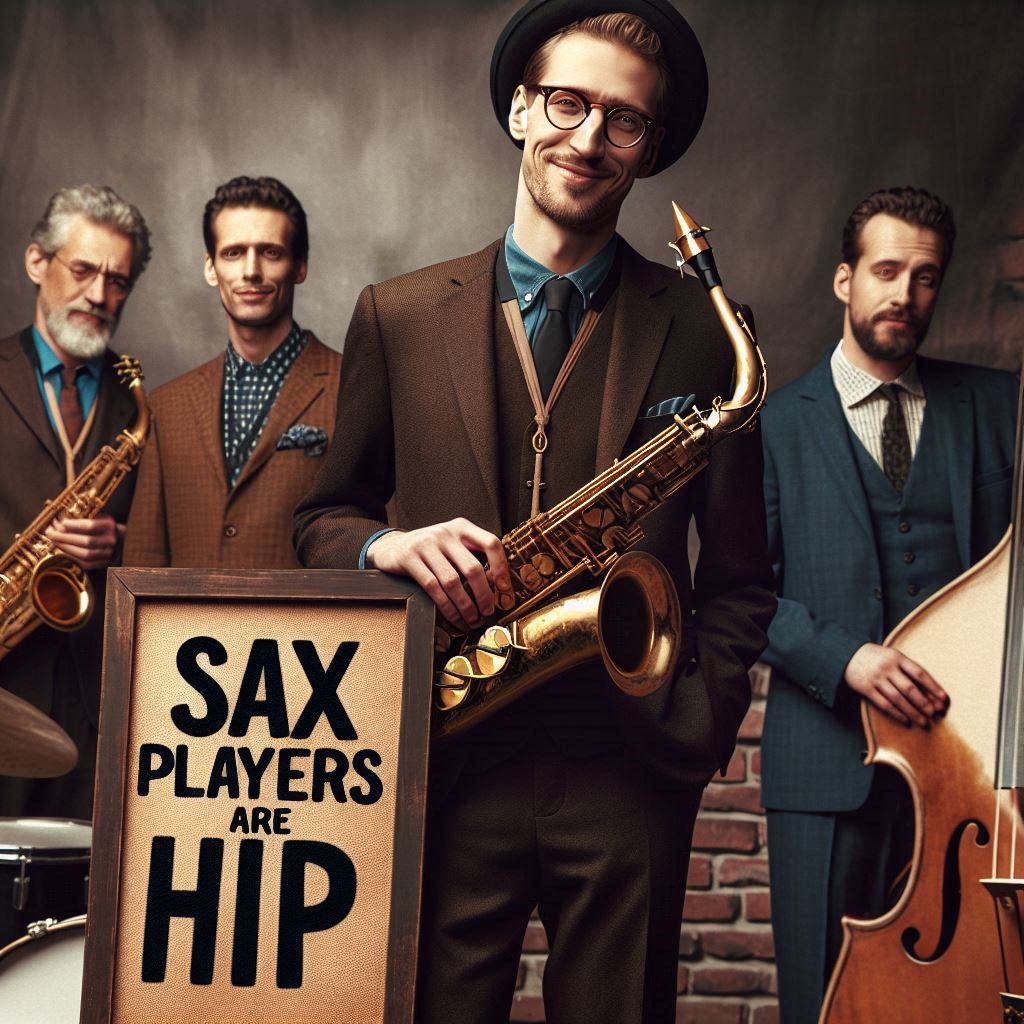 jazz saxophone player in a four piece jazz group with a sign next to him reading Sax Players Are Hip