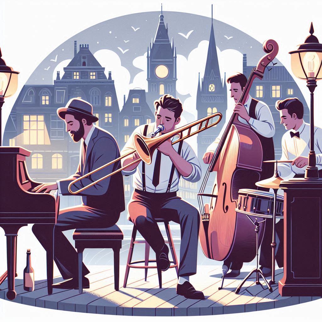 man playing a trombone with a upright bass player, a drummer and a piano player in a jazz group