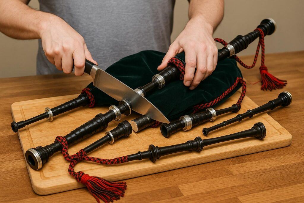 A bagpipe being cut up on a cutting board