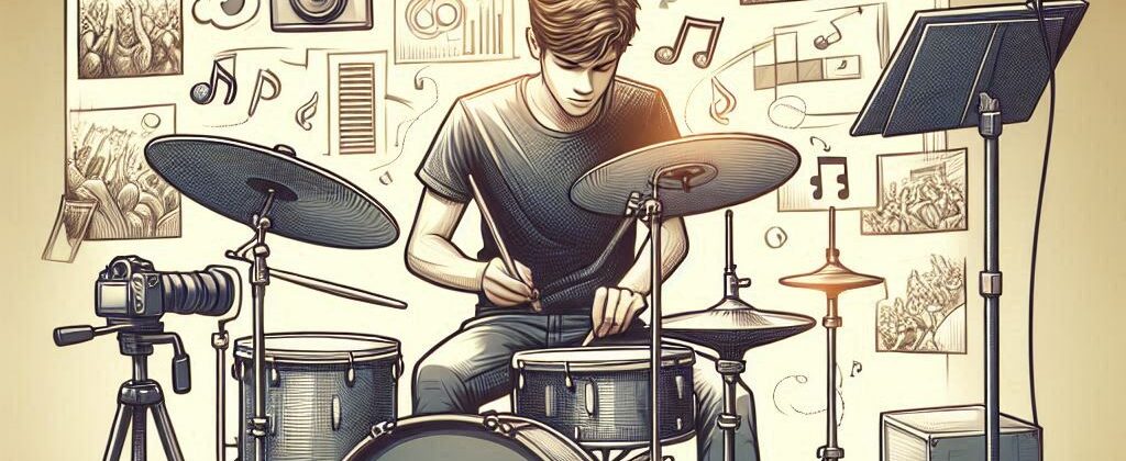 A beginning student practicing on his drum set