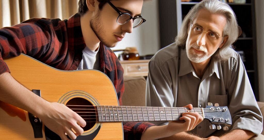 A guitar student taking lessons from a professional instructor