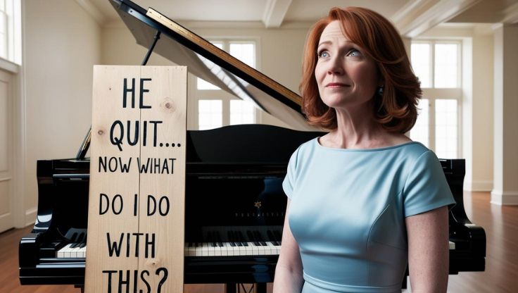 image of a woman standing in front of a grand piano with a sign reading He Quit Now What Do I Do With This