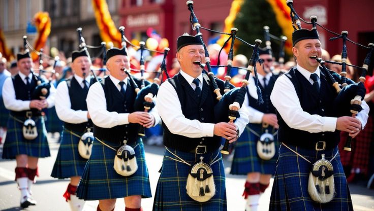 Group Of Scottish Bagpipers in a parade