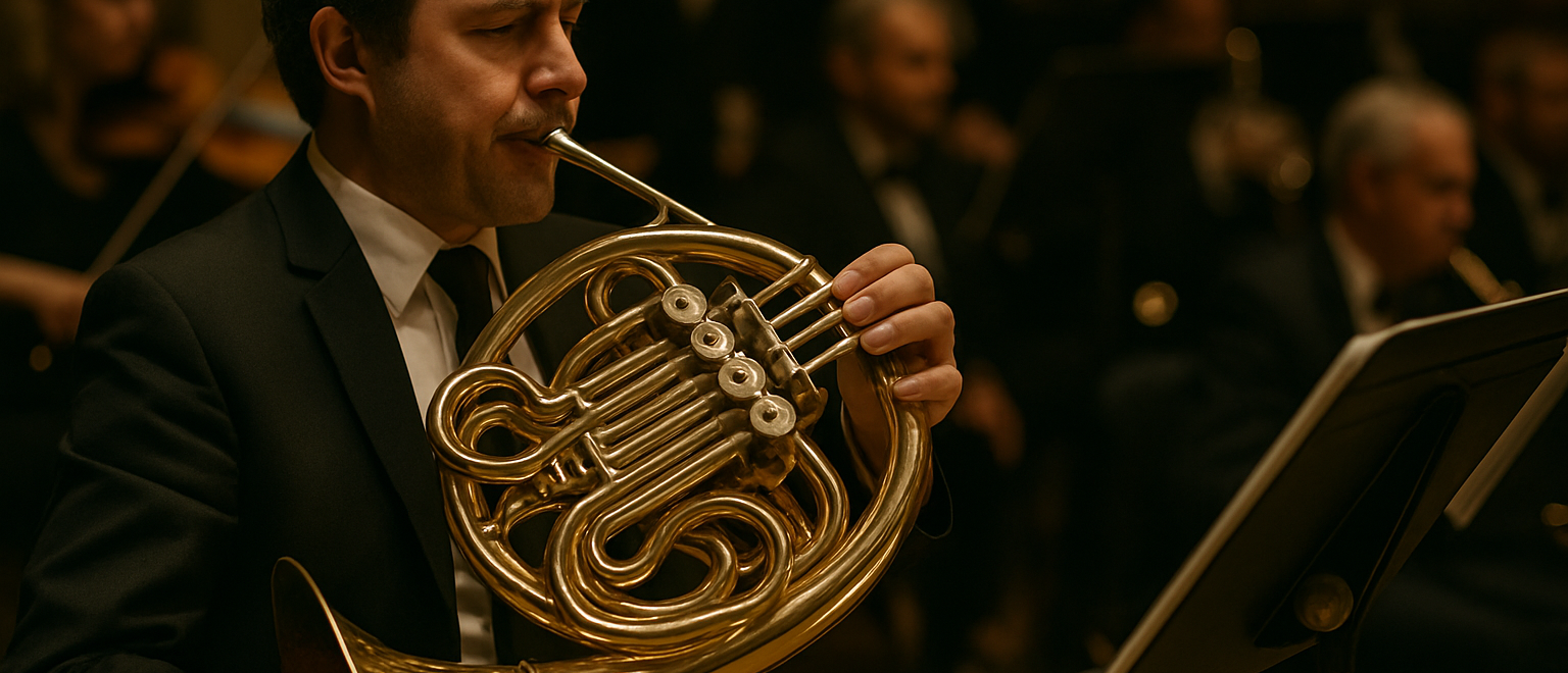 Man playing the French Horn in an orchestra