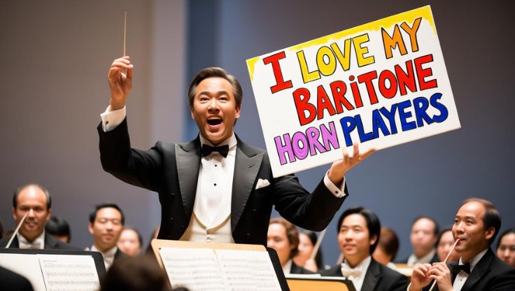 Music conductor holding a sign reading I Love My Baritone Horn Players