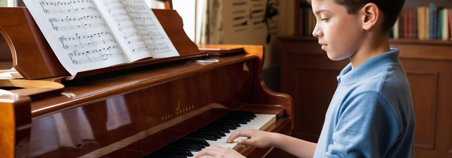 Teen practicing the scales on an upright piano