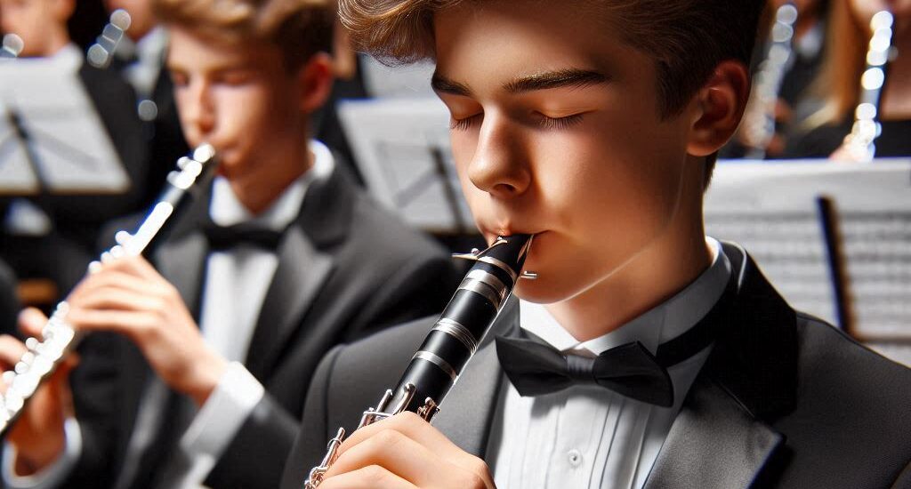 Teen student playing the clarinet in a concert band