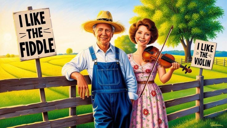 picture of a country farm man with a sign reading I like the fiddle Next to it have a find lady with a violin with a sign reading I like the violin