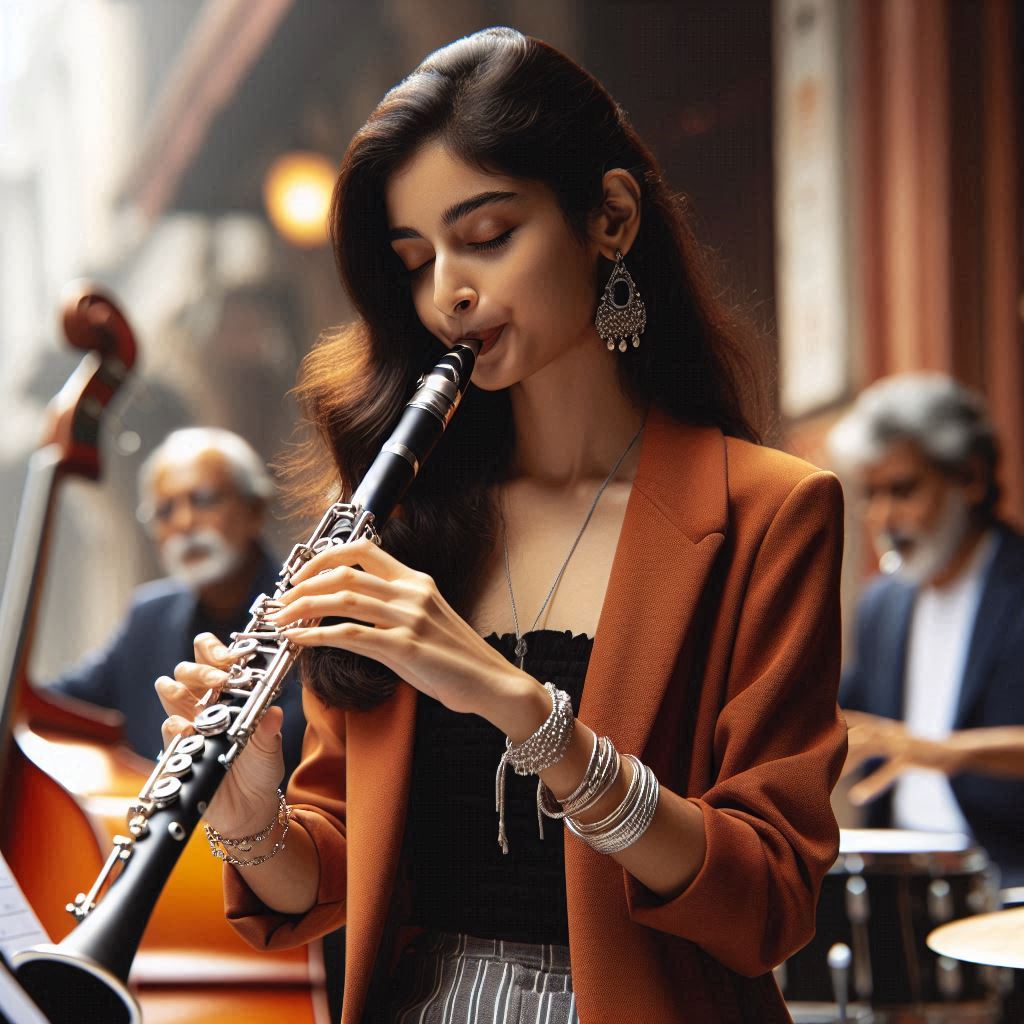 a woman playing the clarinet in a jazz band