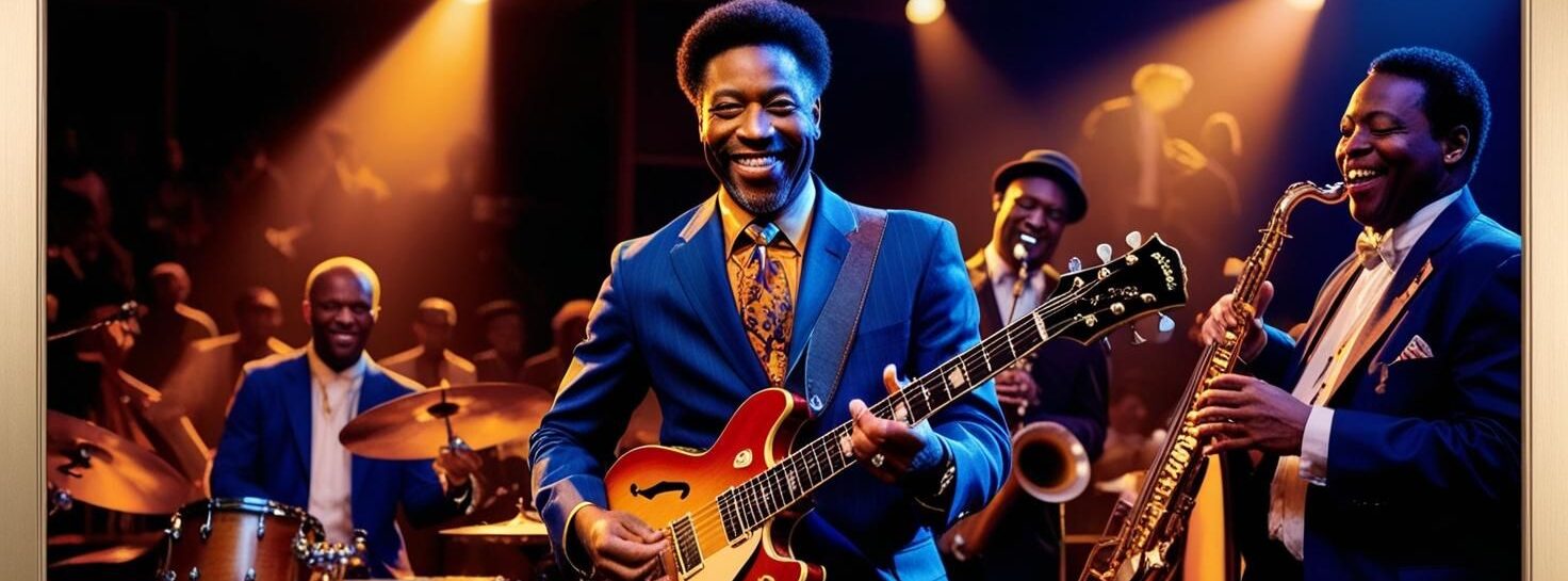 photo of a jazz guitar player playing with a jazz group in front of an audience