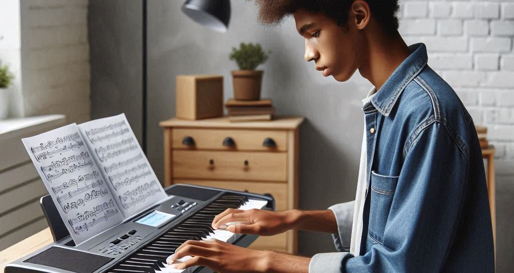 photo of a young teen piano student playing on a small 61 key digital piano for his practice session with music in front of him