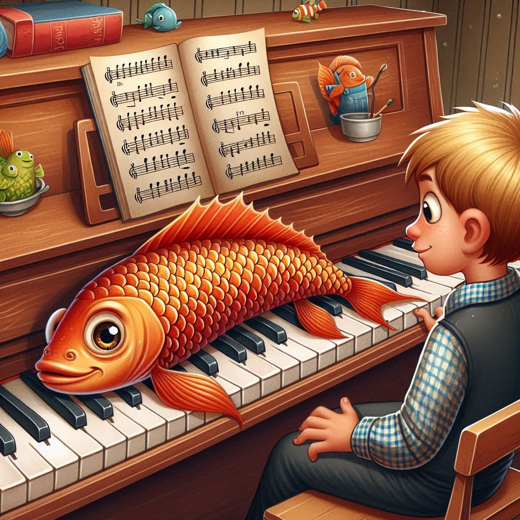 piano student with a fish with scales sitting on his piano keys
