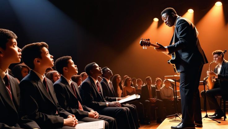 A student in the front seat of an audience looks up in awe of a professional guitar player playing in a band