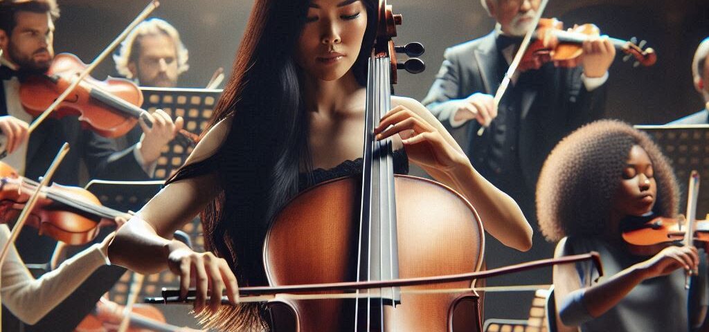 woman playing the cello in an orchestra