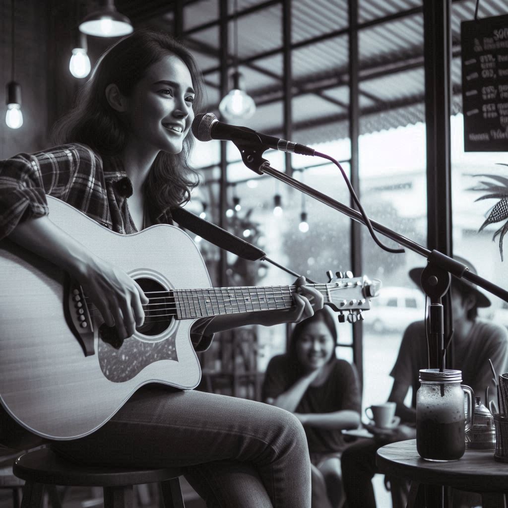 woman playing the acoustic guitar and singing into a microphone in a coffee shop with a small audience