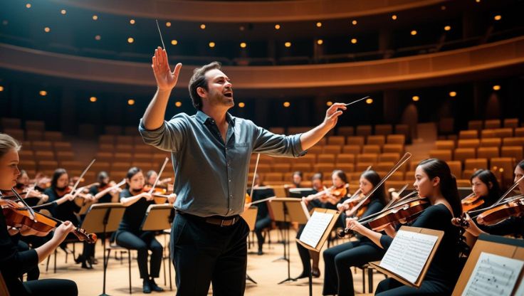 Music conductor practicing with his symphony