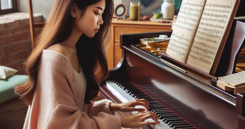 Young woman practicing the piano