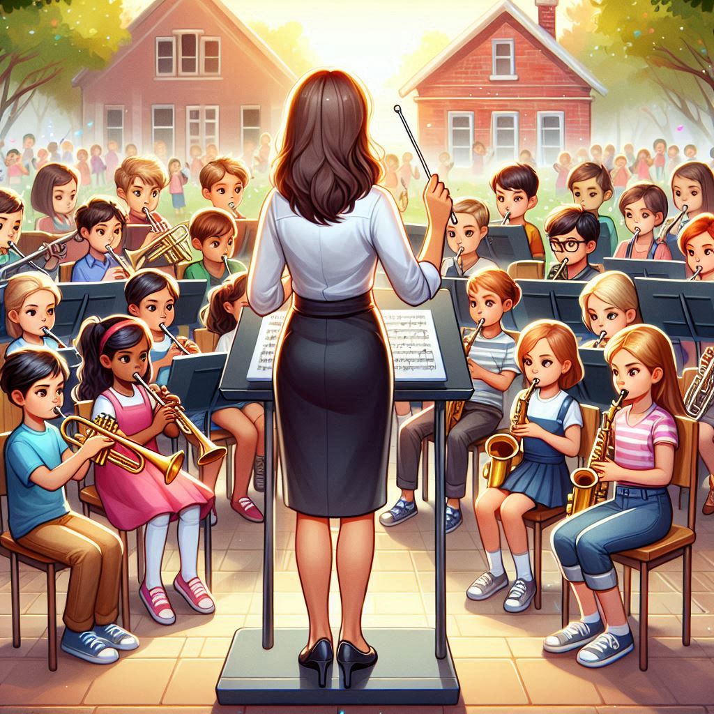 large group of children playing in a school orchestra with a variety of musical instruments with an adult conductor