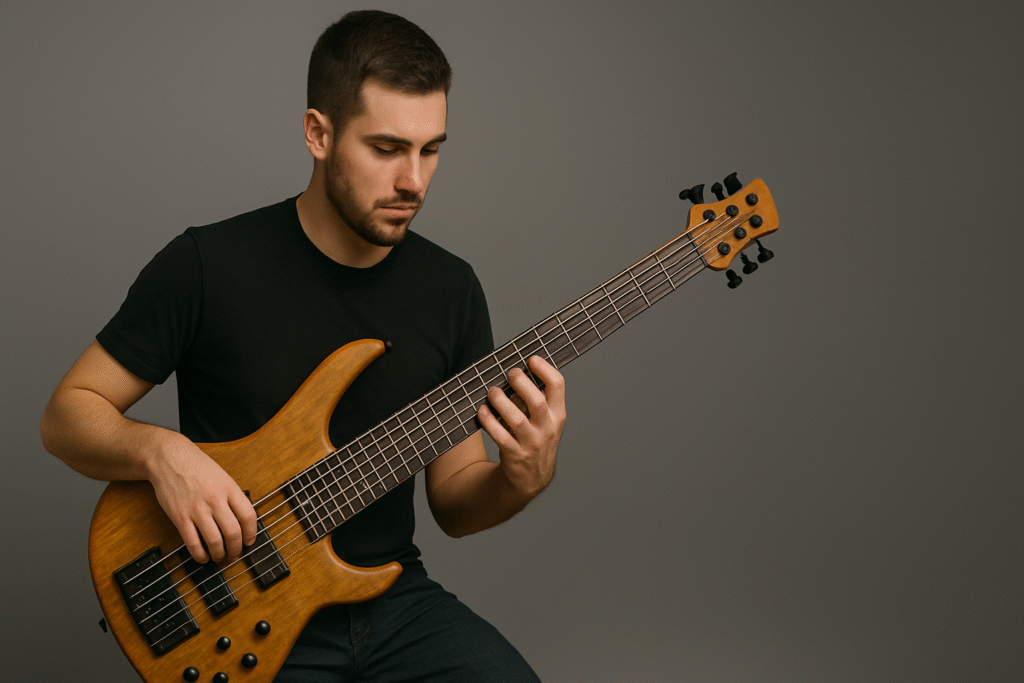man playing a six string bass guitar