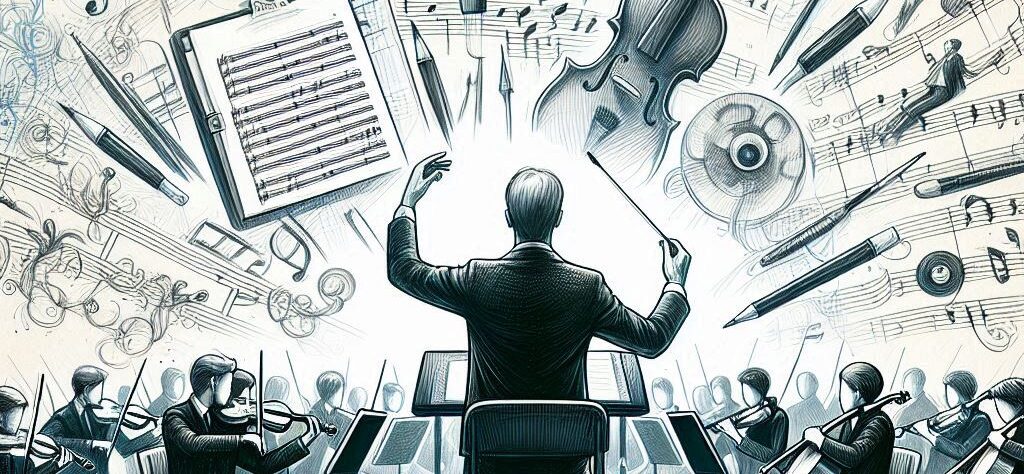 produce a picture a man musical conductor, conducting a symphony orchestra