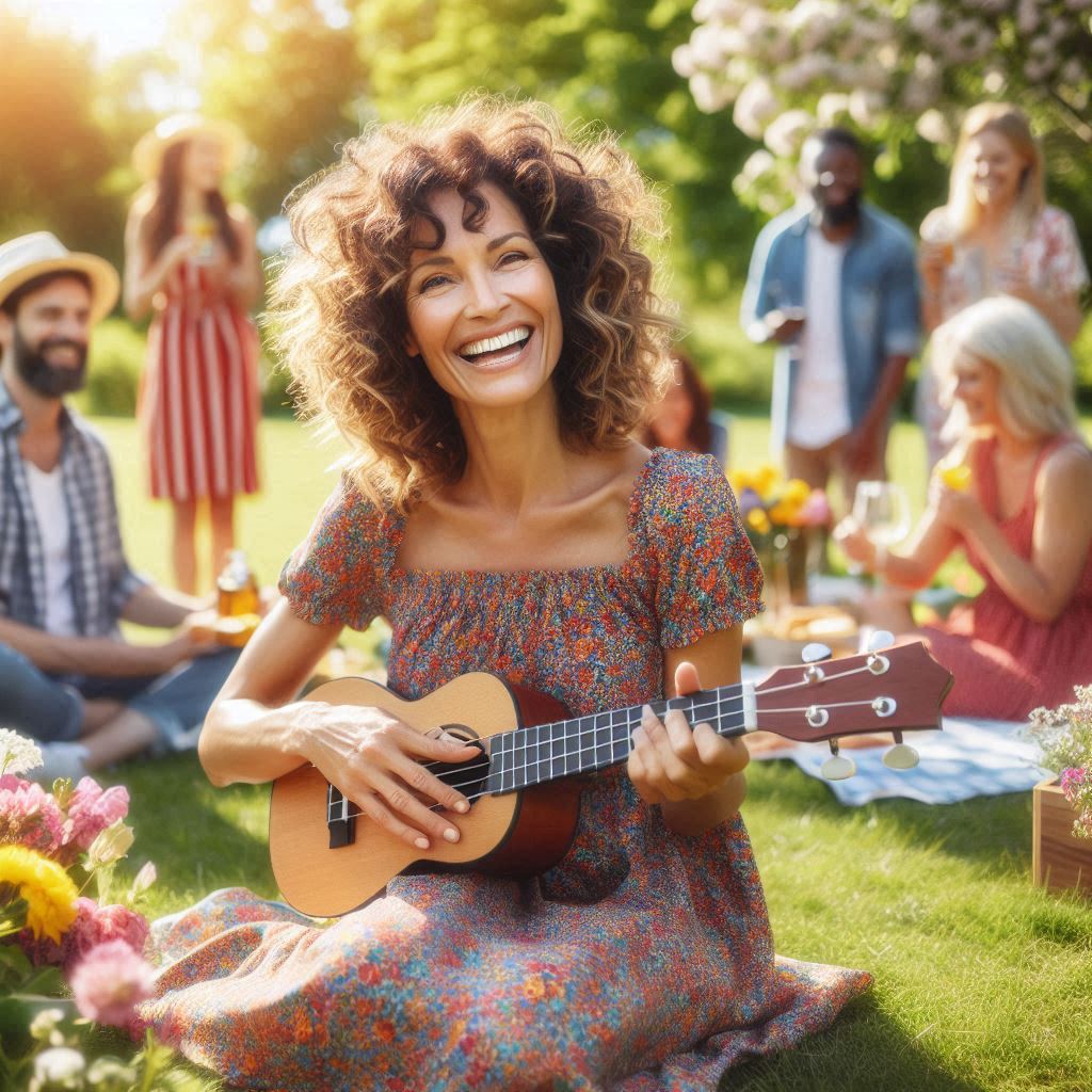 an adult woman playing the Ukulele