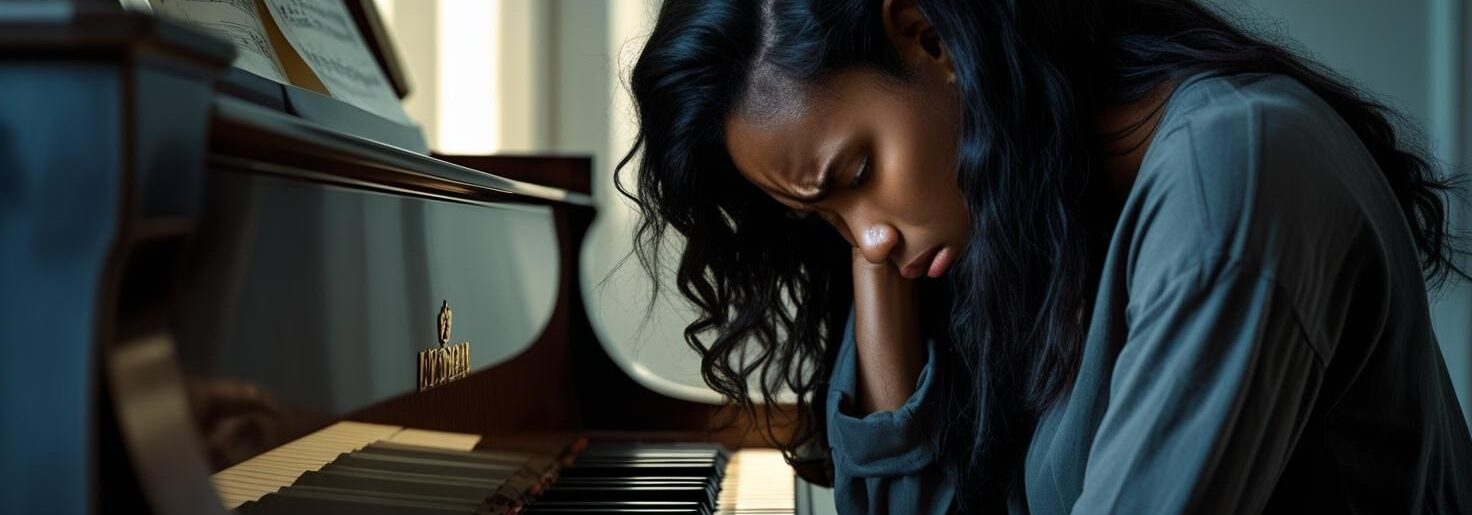 an image where a student is bowing her head on the piano keys because she is frustrated