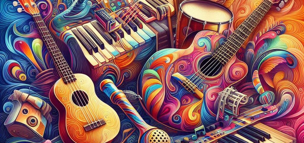 colorful fantasy abstract collage of these instruments ukulele, harmonica, recorder, keyboard, guitar, and drums