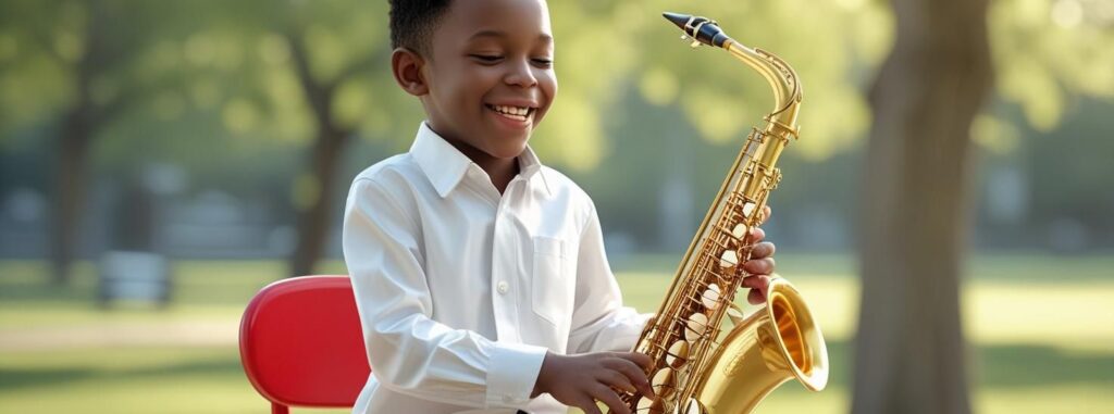 image of a child trying to play a saxophone