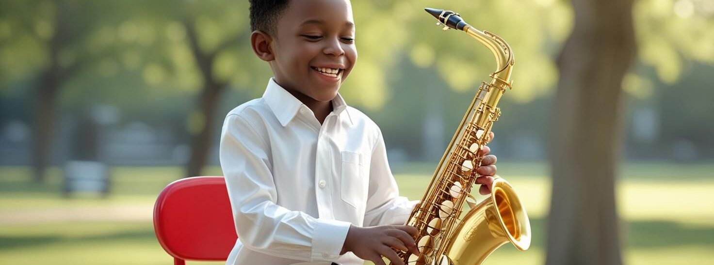 image of a child trying to play a saxophone